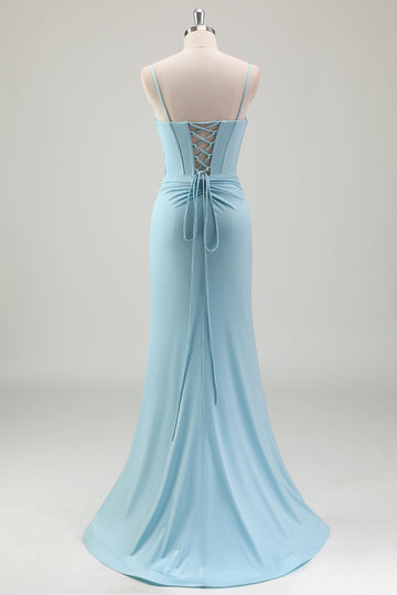 Blu sirena spaghetti cinghie raso corsetto lungo abito da ballo con perline